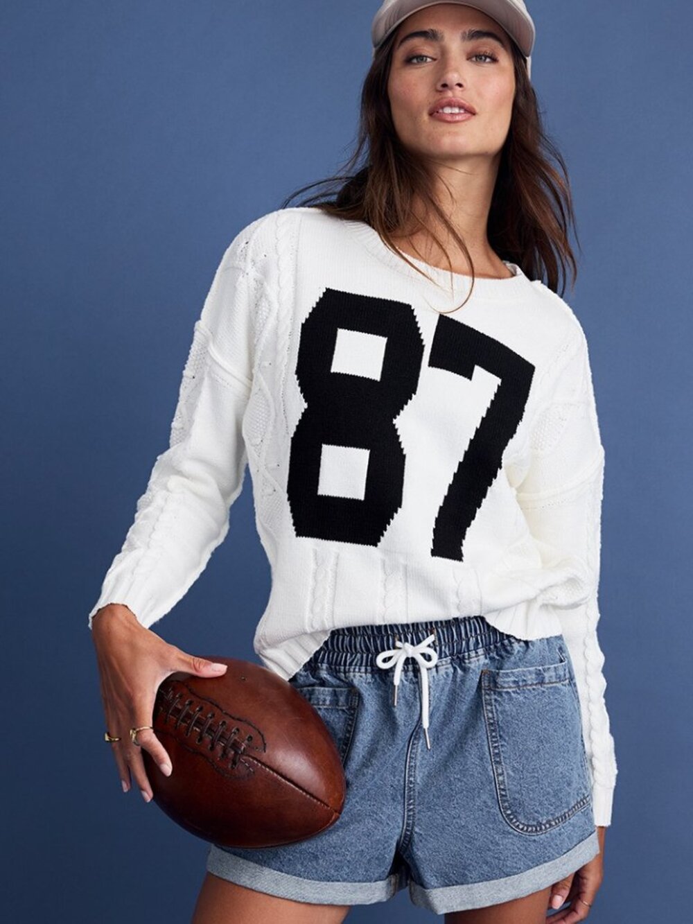 Francesca's Collections White Cable Knit Sweater with Black '87' Graphic